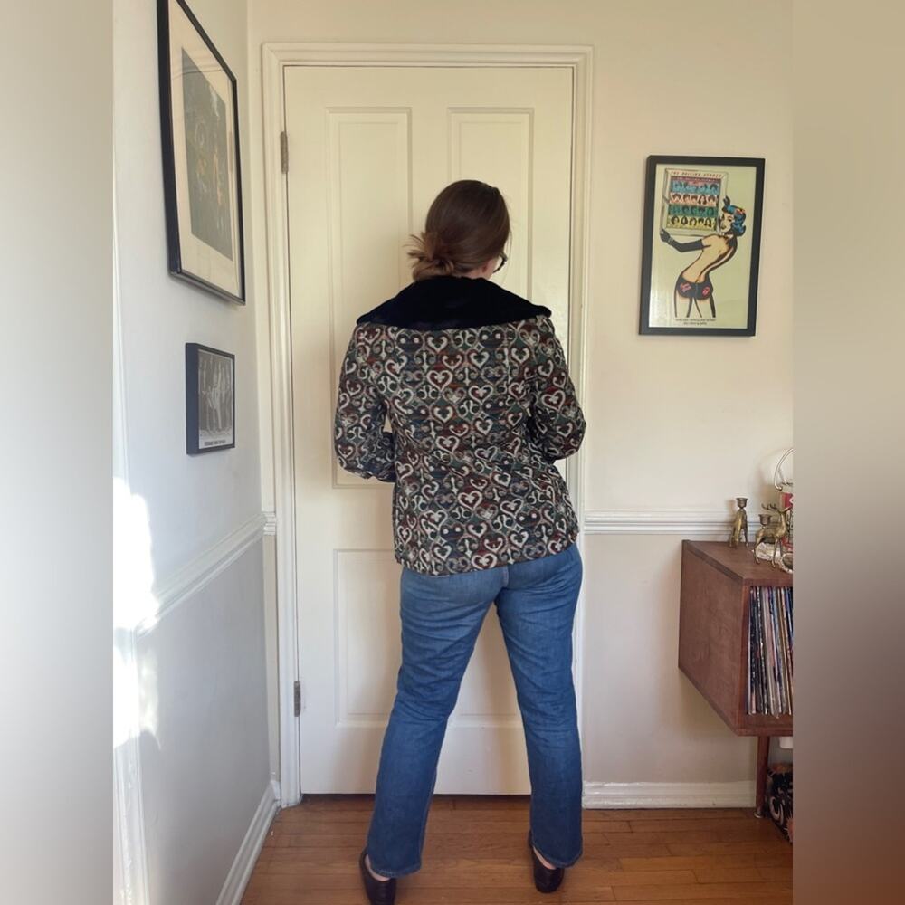 60s Vintage Tapestry Coat with Faux Fur Cuffs and Collar - Picture 2 of 10